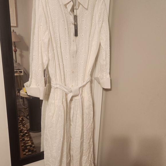 White Eyelet Button-Up Dress With Tie Belt B - Picture 11 of 11